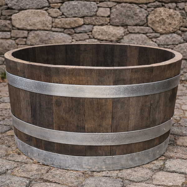 Pflanzkübel ca 80 Liter mit neuen verzinkten Reifen von einem 190 Liter Whiskyfass gefertigt